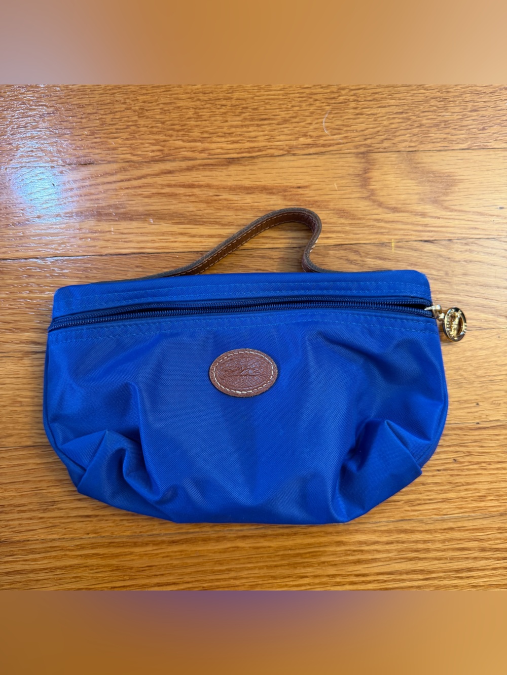 Longchamp Le Pliage Cosmetic Pouch in Blue with Brown Leather Handle